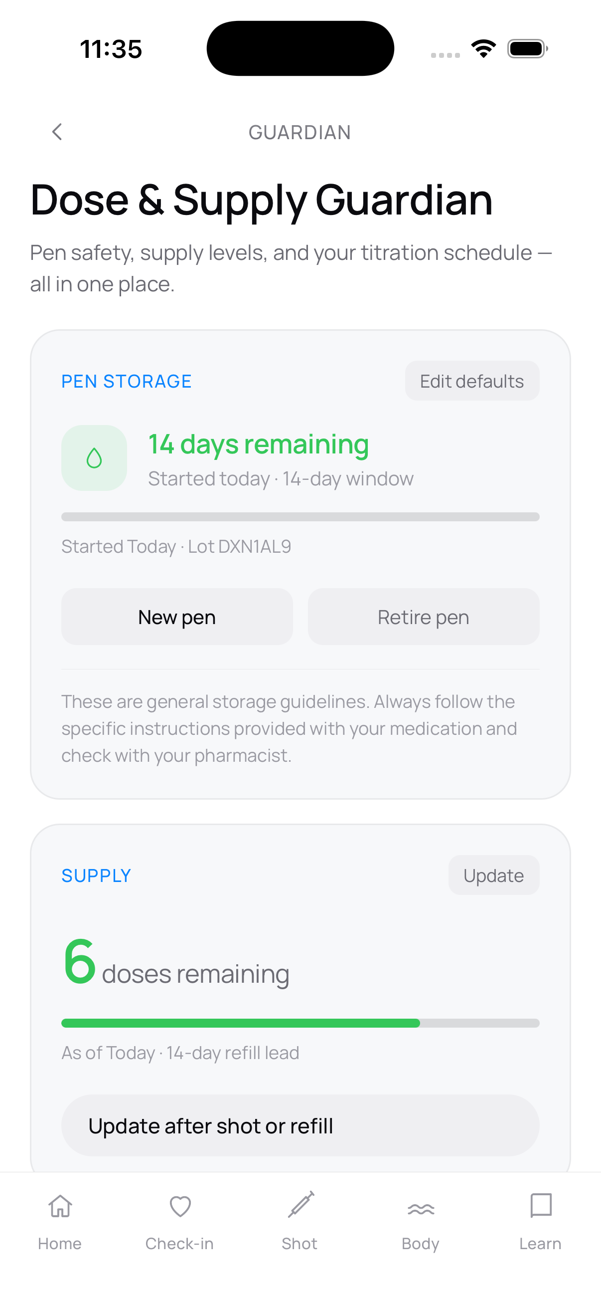 Dose & Supply Guardian screen